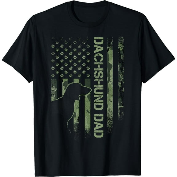Vintage USA Camo Flag Proud Dachshund Dad Wiener Silhouette Unisex T-Shirt for Men Women Kids Toddler