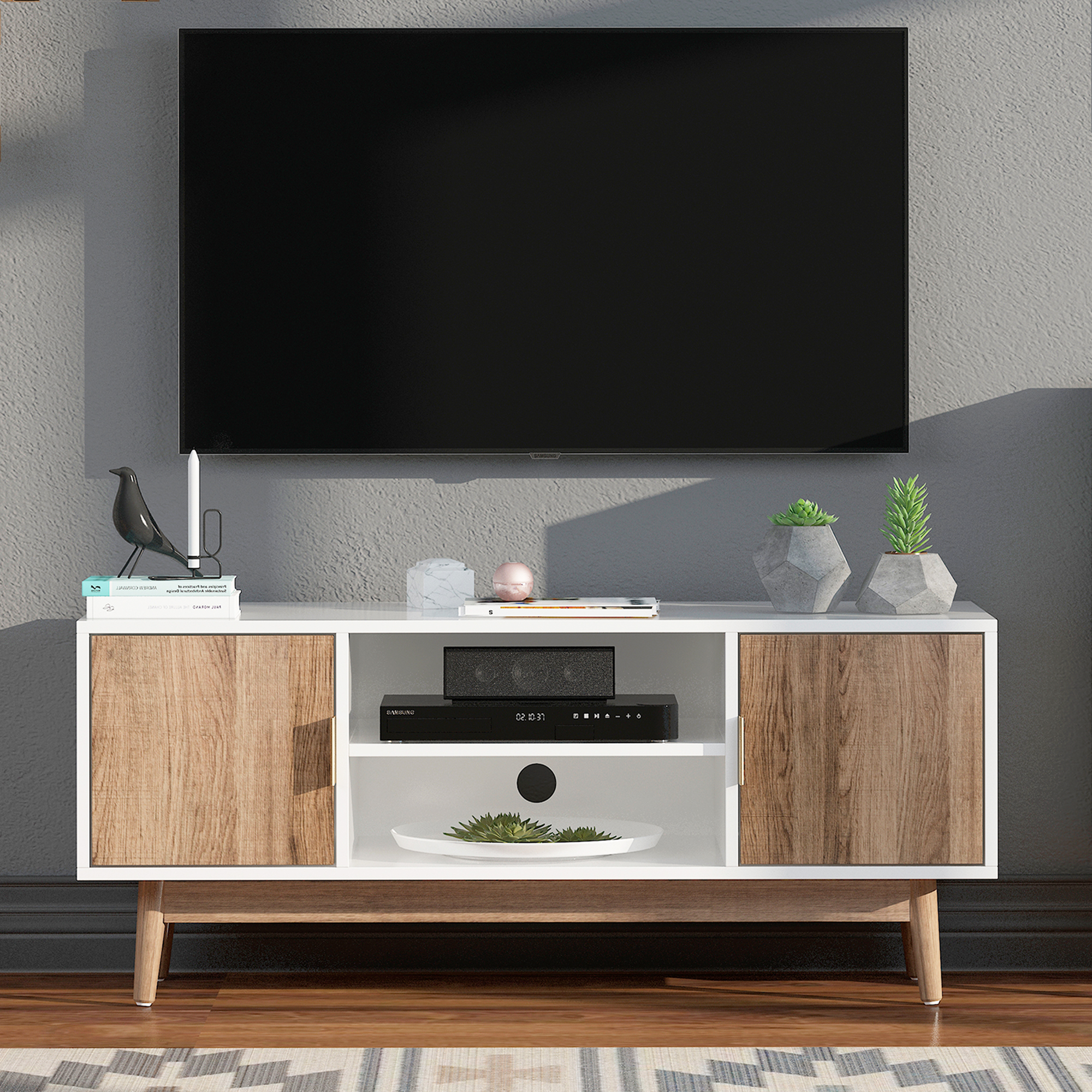 HIUU Modern Television Stands,TV Stand for 55 Inch TV,White and Brown