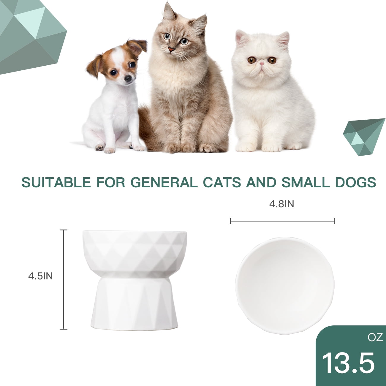 Frewinky Cat Bowls,Ceramic Cat Bowls Anti Vomiting,Raised-Cat Food and Water Bowl set for Cats and Small Dogs,13.5 Oz，White