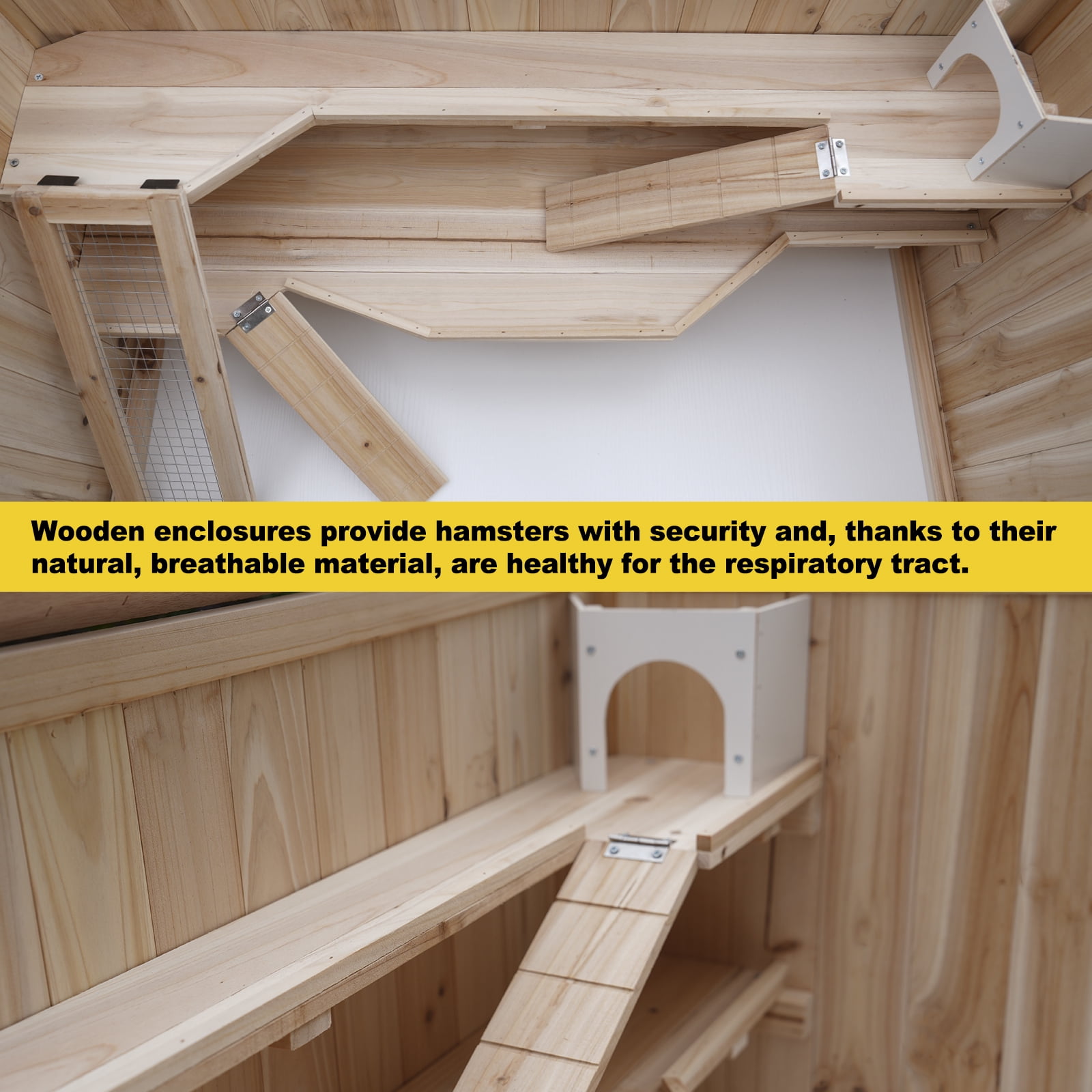 Large Wooden Hamster Cage with Acrylic Windows and Deep Tray, Multi-Level Small Pet Habitat for Syrian Hamsters and Guinea Pigs, Natural