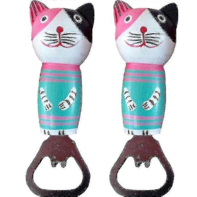 2 abridores de botellas de acero inoxidable para cerveza y vino, con diseño de lindos gatos de madera.