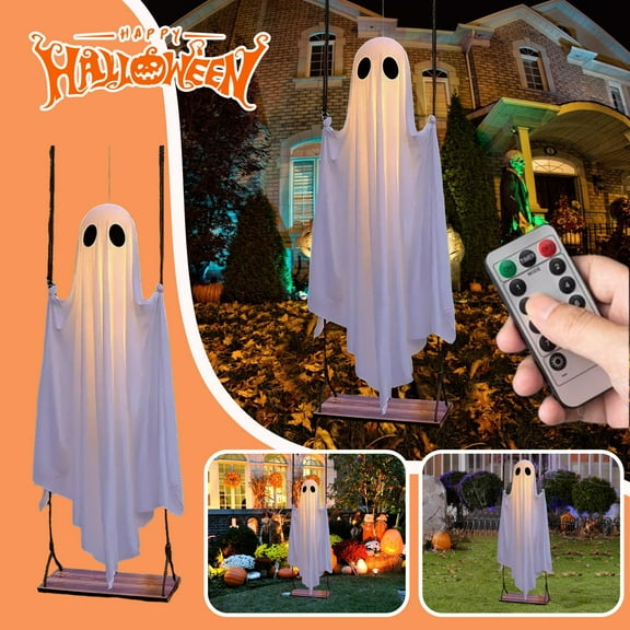 Swinging Ghost Outdoor Decor Hanging Swing Ghost with String Lights Ghost on a Swing Halloween Decorations Indoor Outdoor Large Scary Hanging Glowing Ghost with Remote Control for Porch Yard Tree