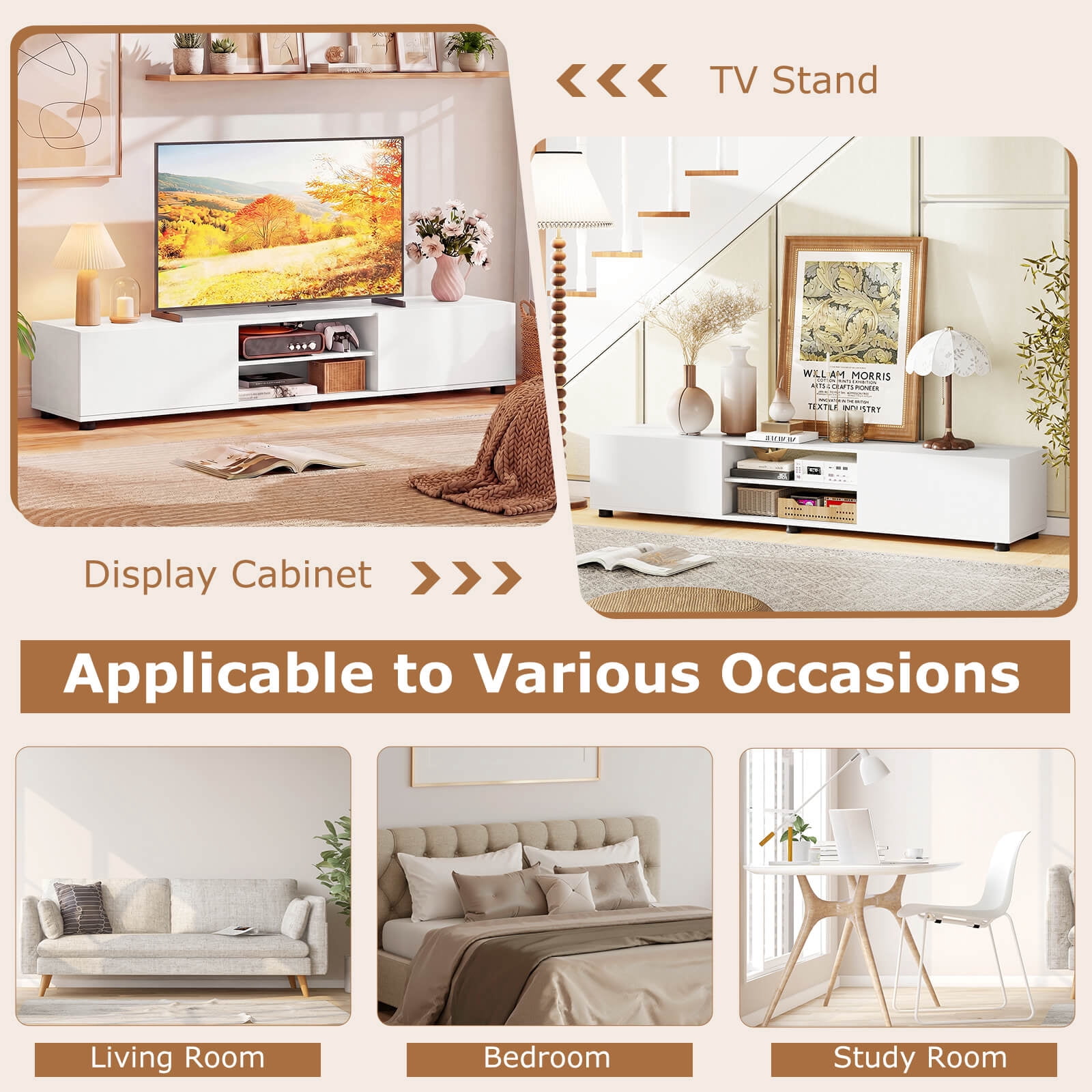 Costway TV Stand for up to 70” TVs, Media Console Table with Double Doors & Open Shelves White