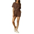 thumbnail image 2 of Conjuntos de lounge INSPIRE CHIC para mujeres, camiseta de waffle con pantalones cortos, ropa de casa, sudaderas jogger con bolsillos, color café, 2 of 6