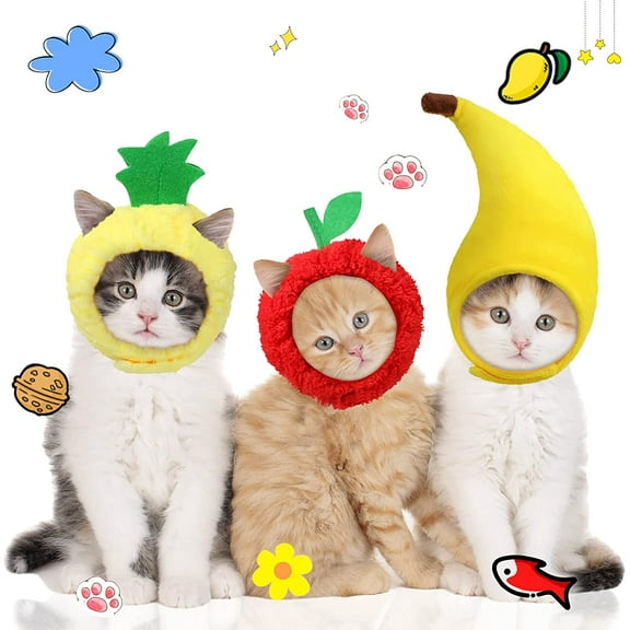 3 Pieces Halloween Cat Hats Cat Halloween Pet Costume Banana Pineapple Apple Shaped Hat Soft Adjustable Cap Breathable Headwear for Kitten Puppy Pet Birthday Theme Party Photo Prop