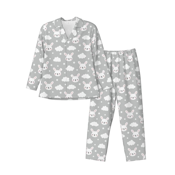 Fotbe Rabbit And Cloud Pijama de Hombre con Estampado de Manga Larga, Conjunto de 2 Piezas, Ropa de Dormir Suave y Cómoda con Bolsillos-Medium