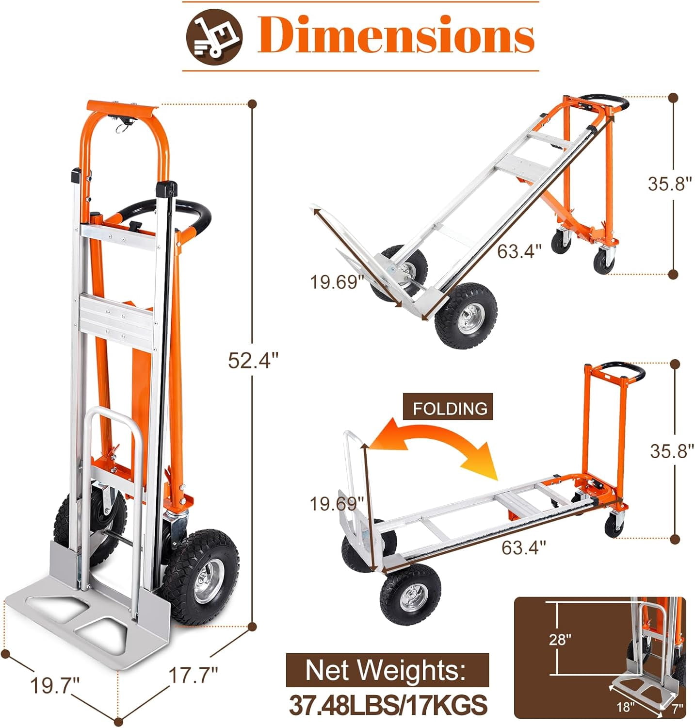 3-in-1 Aluminum Convertible Hand Truck Dolly, 770 lbs Capacity, Industrial Cart with 10" Rubber Wheels, Ergonomic Handle & Extendable Nose Plate
