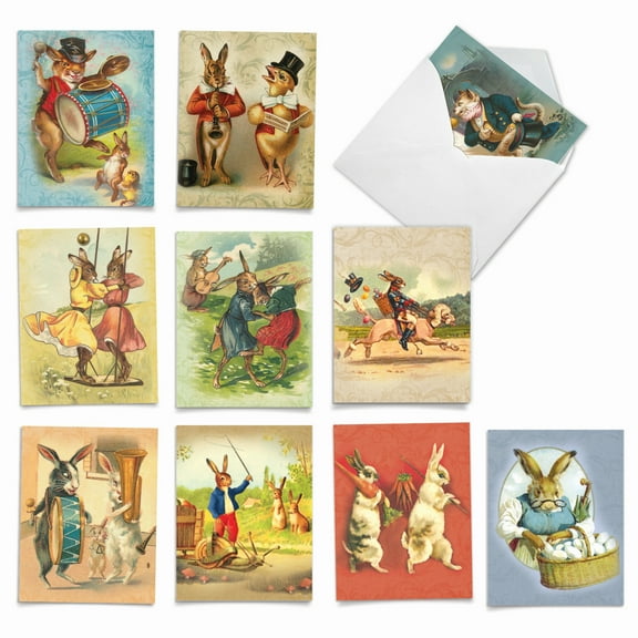 Pack of 10 All Occasion Blank Cards with Envelopes (4 x 5.12 Inch) - FUNNY BUNNIES M2345OCB