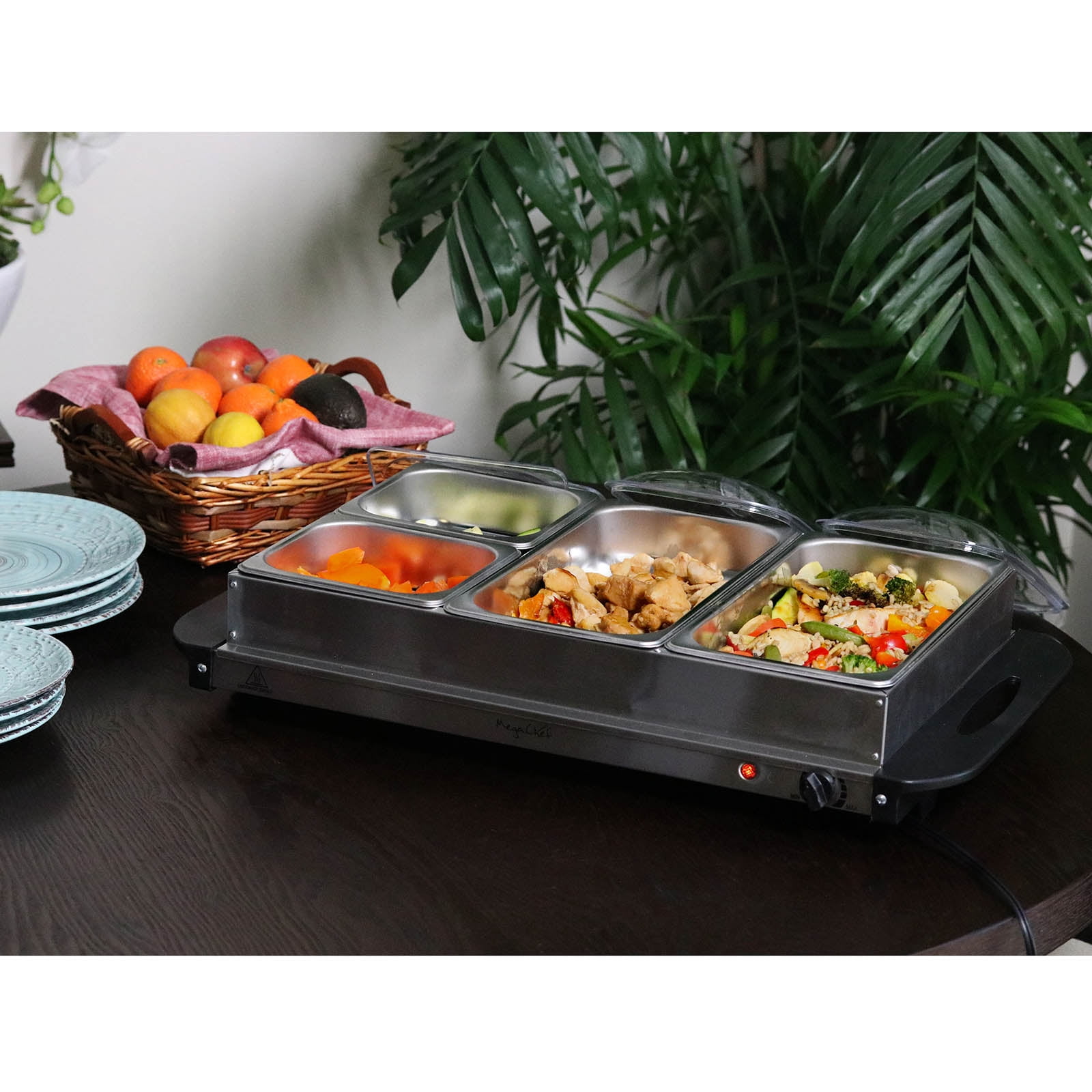 MegaChef Buffet Server & Food Warmer, 3 Removable Sectional Trays, Silver