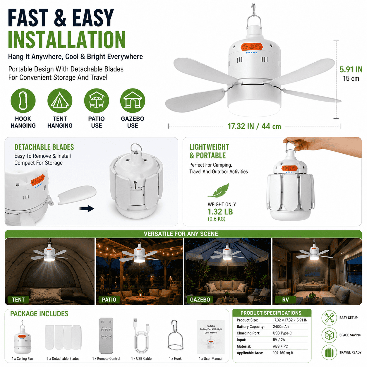 SIYTUAU Portable Ceiling Fan With Remote Control Rechargeable Led Light 17.32x17.32x5.91In For Camping Tent Outdoor Hanging Fan Usb Powered Mini Fan White Adjustable Speed