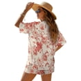 thumbnail image 2 of FKEKYI Red Rose Flower Print Womens Summer Short Set 2 Piece Sets Vacation Outfits Open Front Shirt Top & Shorts with Elastic Waist Beachwear Lounge Set, S, 2 of 7