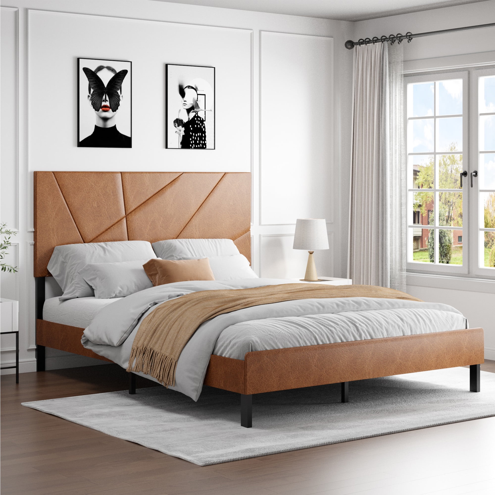 LiviNest Upholstered Bed Frame Queen Size - Modern Platform Bed with Leather Headboard & Metal Frame for Adults Bedroom - Easy Assembly No Box Spring Needed High Weight Capacity