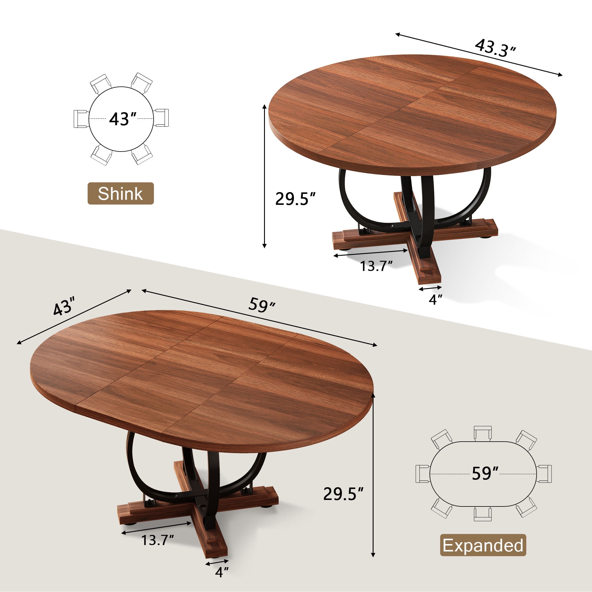 Einhomn 59”Extendable Round Dining Table for 4-8 ,Dining Room Table with X-Shaped Heavy Duty Metal Base,Thickened MDF Board,Modern Kitchen Dining Table,Space Saving,Walnut