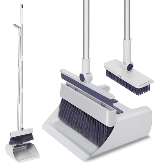 4-in-1 Broom and Dustpan Set with Floor Brush & Squeegee – Long Stainless Steel Handle, Upright Standing Cleaning Combo for Home, Office & Kitchen