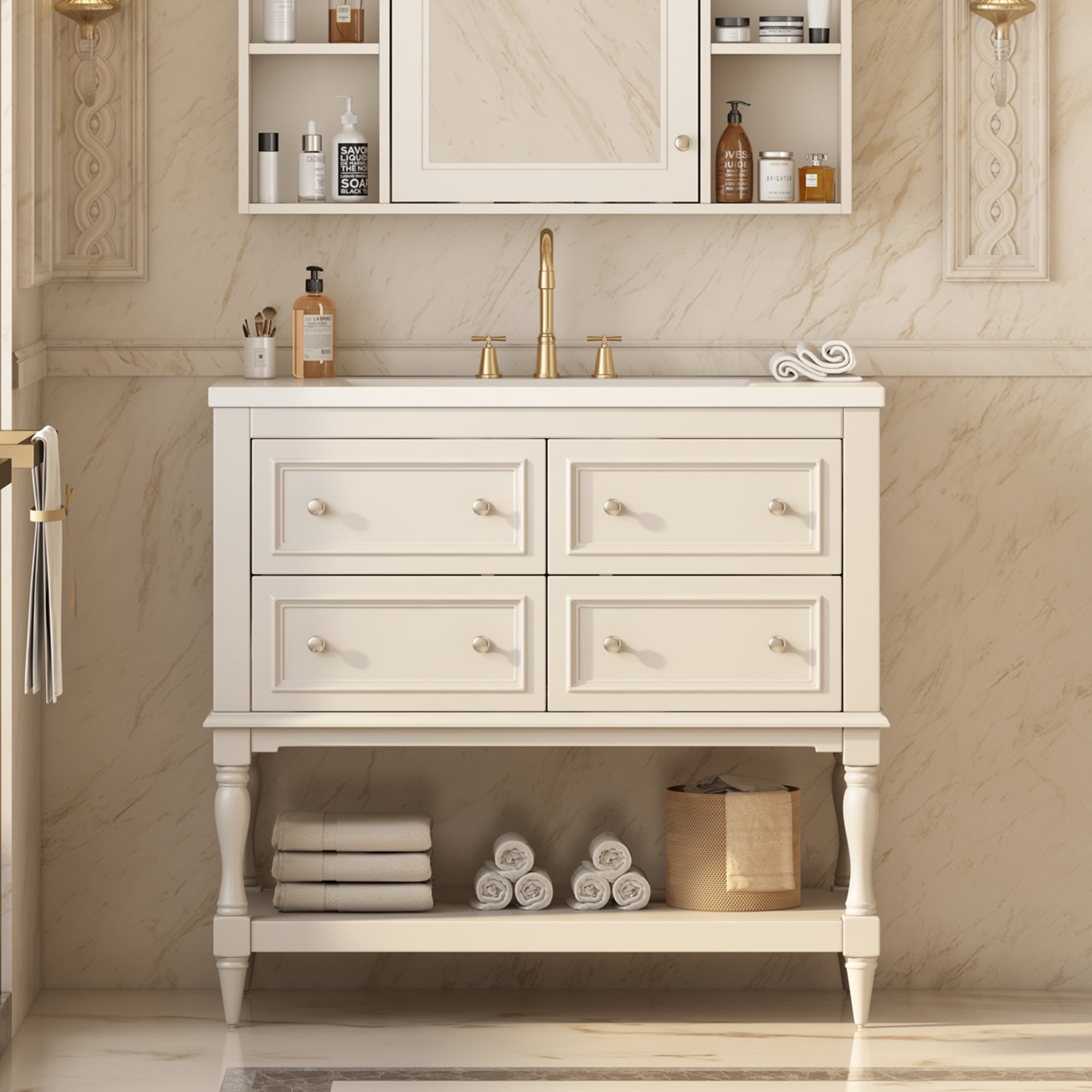 Euroco 36" Bathroom Vanity Cabinet with Sink Combo Set, Undermount Ceramic Sink, Free Standing Vanity Set with 4 Drawers, Solid Wood Frame Bathroom Cabinet, Beige