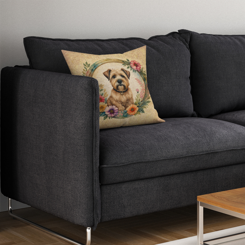 Wheaten Terrier and Flowers Fabric Decorative Pillow 14 in x 14 in