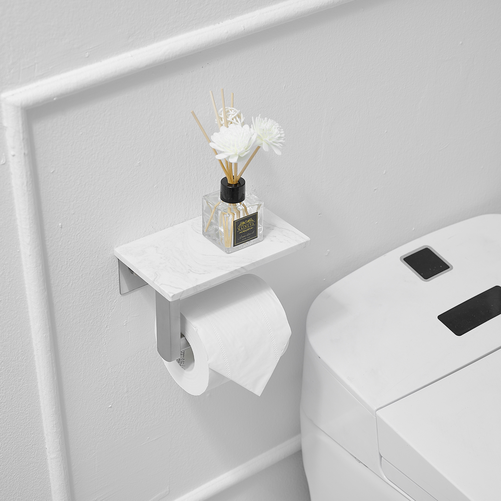 Wall Mount Toilet Paper Holder With Natural Marble Shelf Tissue Storage Holder In Brushed Nickel