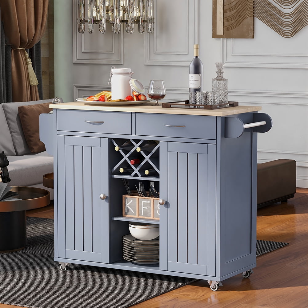 Kadyn Kitchen Island Cart, Kitchen Cart with Two Storage Cabinets and Four Locking Wheels, Kitchen Cart Cabinet with Wine Rack and Two Drawers, Gray Blue Kadyn Kitchen Island Cart, Kitchen Cart with Two Storage Cabinets and Four Locking Wheels, Kitchen Cart Cabinet with Wine Rack and Two Drawers, Gray Blue