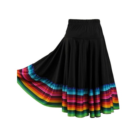 Oyolan Women Long Full Circle Folklorico Dance Skirts Spanish Bull Folkloric Mexican Flamenco Black 55cm L