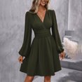 thumbnail image 6 of Uscallm Women Summer V Neck Long Sleeve Ruched Wrap Mini Dresses Casual Elegant Vacation Party Wedding Guest Sundresses Beach Formal Outfits, Army Green XL, 6 of 9