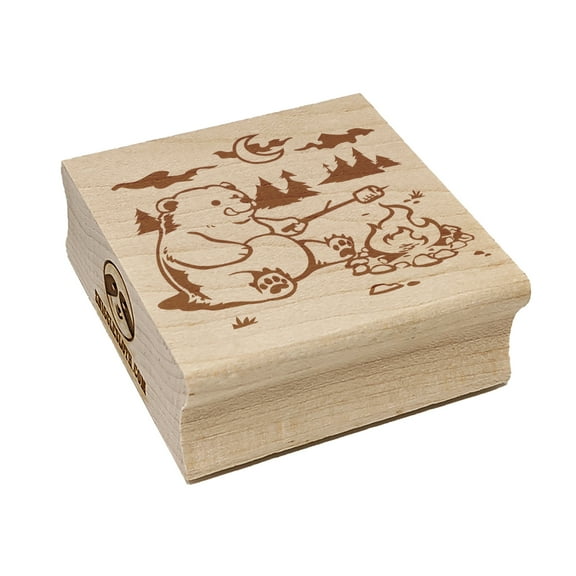 Hungry Bear Making S'mores over a Campfire Square Rubber Stamp Stamping Scrapbooking Crafting - Small 1.25in