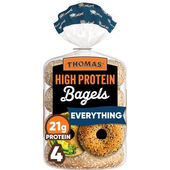 Thomas' High Protein Everything Bagels, 4 count, 21g Protein, Kosher Bagels, 15.5 oz Bag