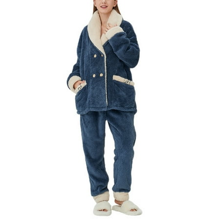 

Homgo Women s Long Sleeve Shirt Pants Set Cute Soft Fuzzy Fleece Pajama Set 2 Piece Pjs Shawl Collar Double Breasted Button Front Winter Warm Baggy Oversized Fluffy Plush Lounge Set Navy Medium