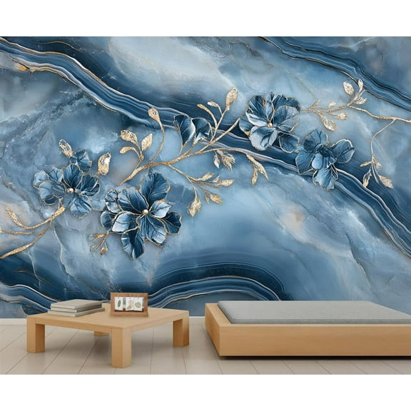 Modern Blue Flowers Custom Wallpaper Abstract Blue Marble Texture Wall Murals Living Room Bedroom Background Luxury Gold Foil Art 3D Wall Mural Home Decor 59"W x 39.4"H (Not Peel and Stick)