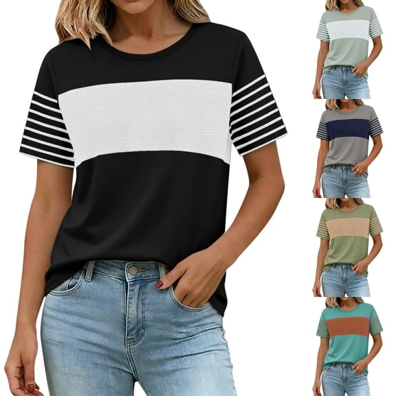 Women's Color Block Striped T-Shirt, Round Neck Short Sleeve Casual Top Travel Outfit Army Green S