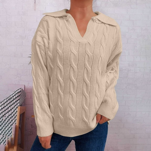 Qetyuw Solid Color Cable Knitted Sweater for Women Chunky V Neck Long Sleeve Pullover Sweaters Casual Loose Fit Jumper