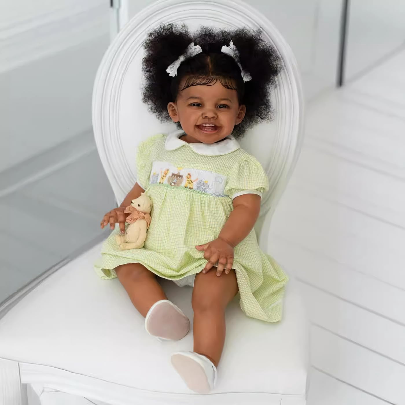24Inch  Lifelike Reborn Baby Dolls Girl Sweet Smiling Rooted Curly Hair That Look Real , Realistic Newborn Baby Doll Toddler Collectible Art Doll in Dark Brown Skin