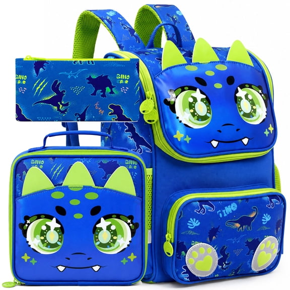 3PCS Boys Backpack Set, 15 Inch Dinosaur Pattern School Bag with Lunch Box for Preschool Elementary Students, Blue Green