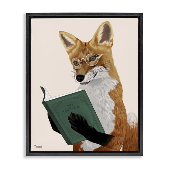 Stupell Industries Eclectic Wild Fox Reading Book Black Floating Frame Canvas Art, 17 x 21, by Tara Royle