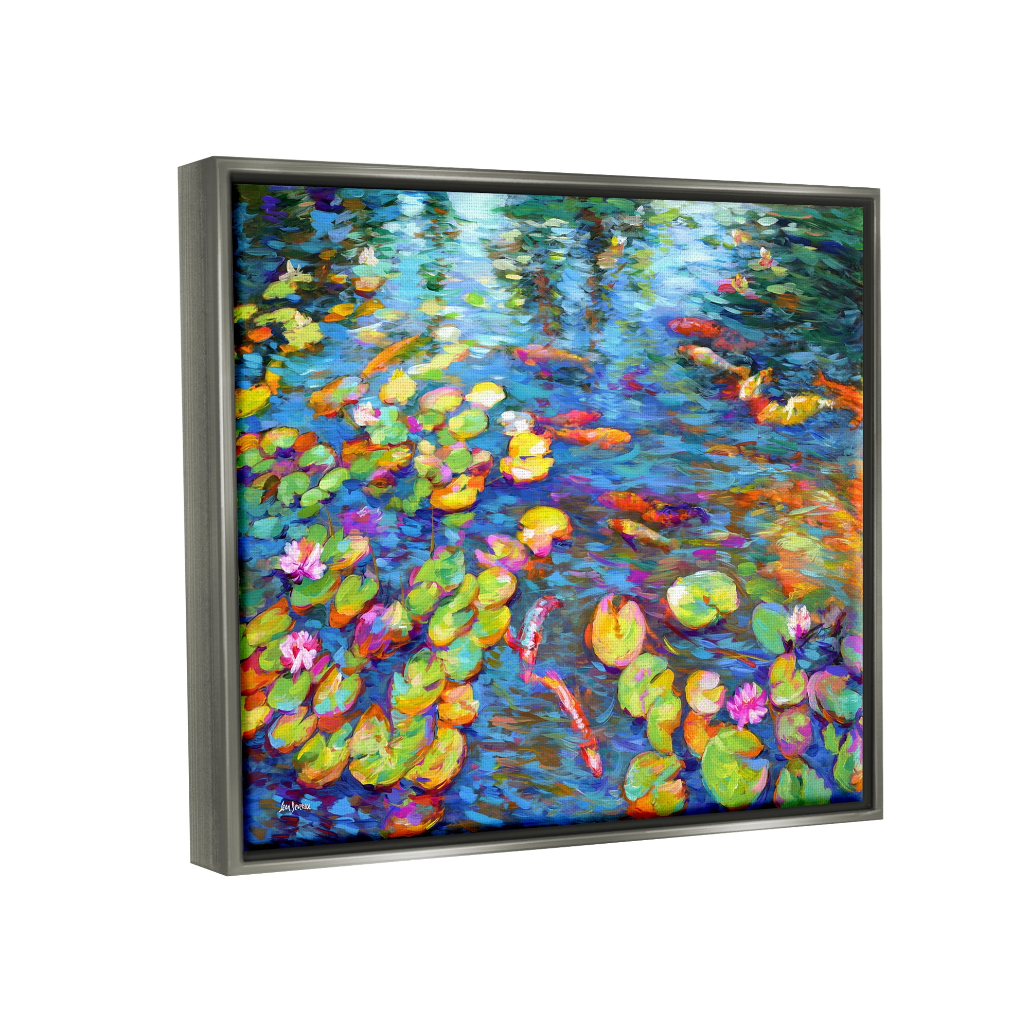 Stupell Industries Koi Fish and Water Lilies Landscape Painting Gray Floater Framed Canvas Art Print Wall Art, 21 x 17