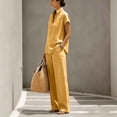 thumbnail image 6 of LEKWK Linen Sets for Women 2 Piece Short Sleeve Stand Collar Henley Tops and Loose Wide Leg Pants with Pockets Summer Casual Fashion Vacation Workwear, 6 of 7