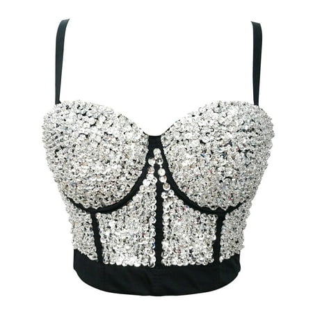 Tao Tao Women s Bustier Crop Top Mesh Corset Top Push Up Rhinestone Diamond Bra Club Party Vest Silver S