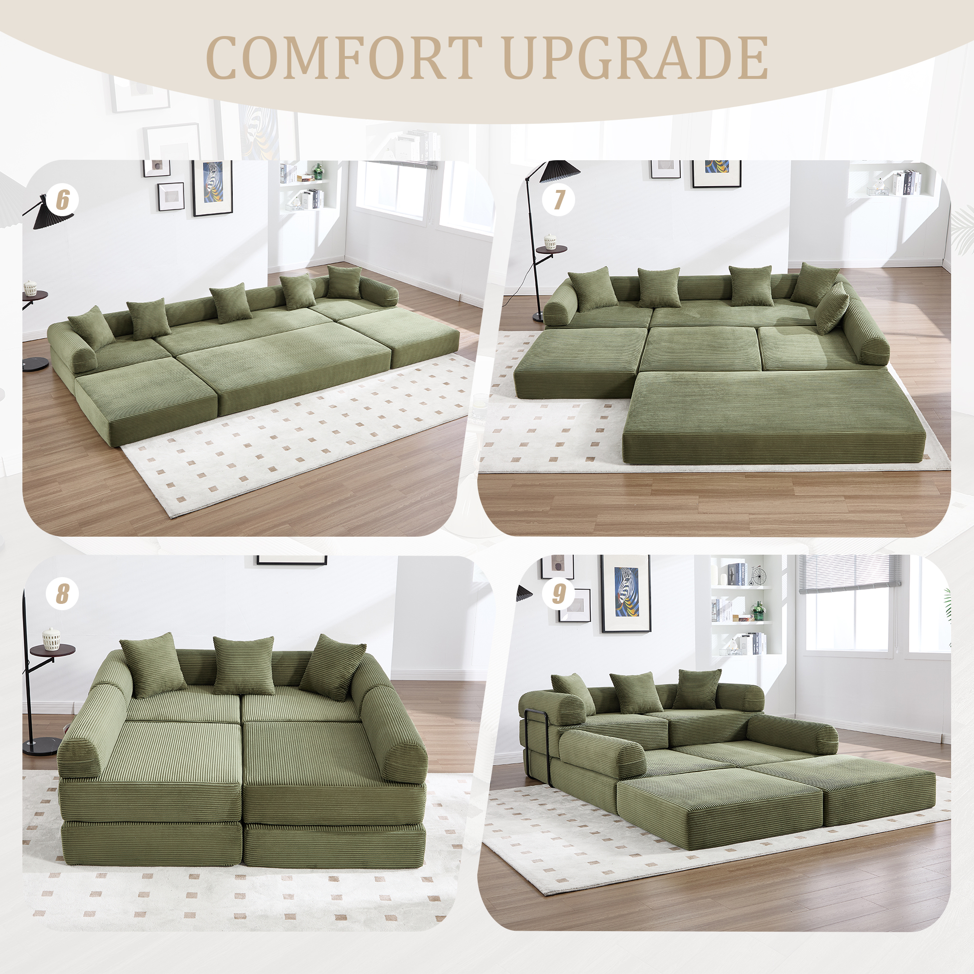 MOONMISS Corduroy Upholstered Convertible Folding Sofa Bed with Fixed Frame and Pillow Back Handrail-Olive Green