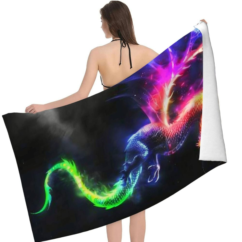PHYHOO Rainbow Fire Dragon Oversized Quick Dry Microfiber Beach Towel Dragon Lightweight Sand Free Towel Super Soft &amp; Absorbent for Travel Swimming Sports 30x60in