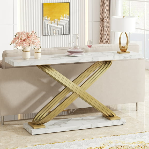 Tribesigns 55" Long Sofa Table, Modern Marble Console Table Behind Sofa Couch, Narrow Rectangular Entryway Table for Living Room, Office, Coffee Bar, Front Hall, Hallway, Balcony, Gold & White