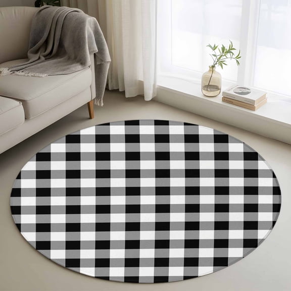 Black and White Plaid Round Area Rug 4 FT, Non Slip Indoor Outdoor Rug, Farmhouse Checkered Buffalo Washable Soft Circular Carpet Non-Shedding Floor Mat for Coffee Table Nursery Foyer Balcony