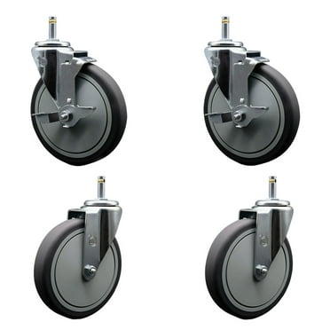 6 Inch Thermo Rubber Wheel Swivel 7/16 Inch Grip Ring Stem Caster Set 2 Brake