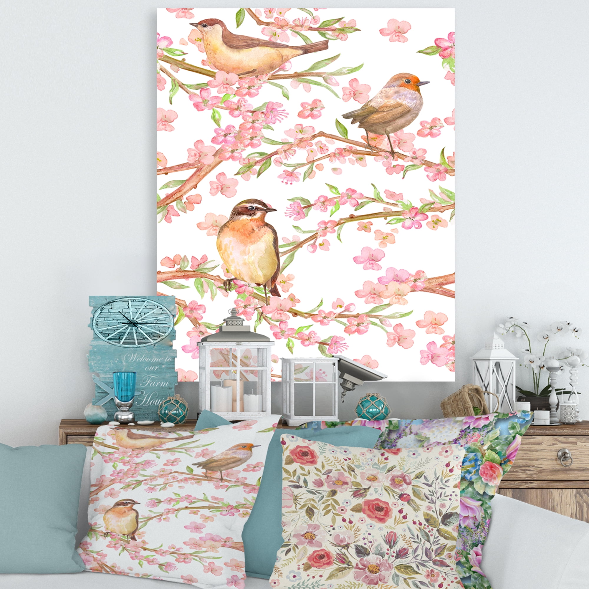 Designart ' Lovely Birds On Branches Of Flowering Almond ' Traditional Canvas Wall Art Print