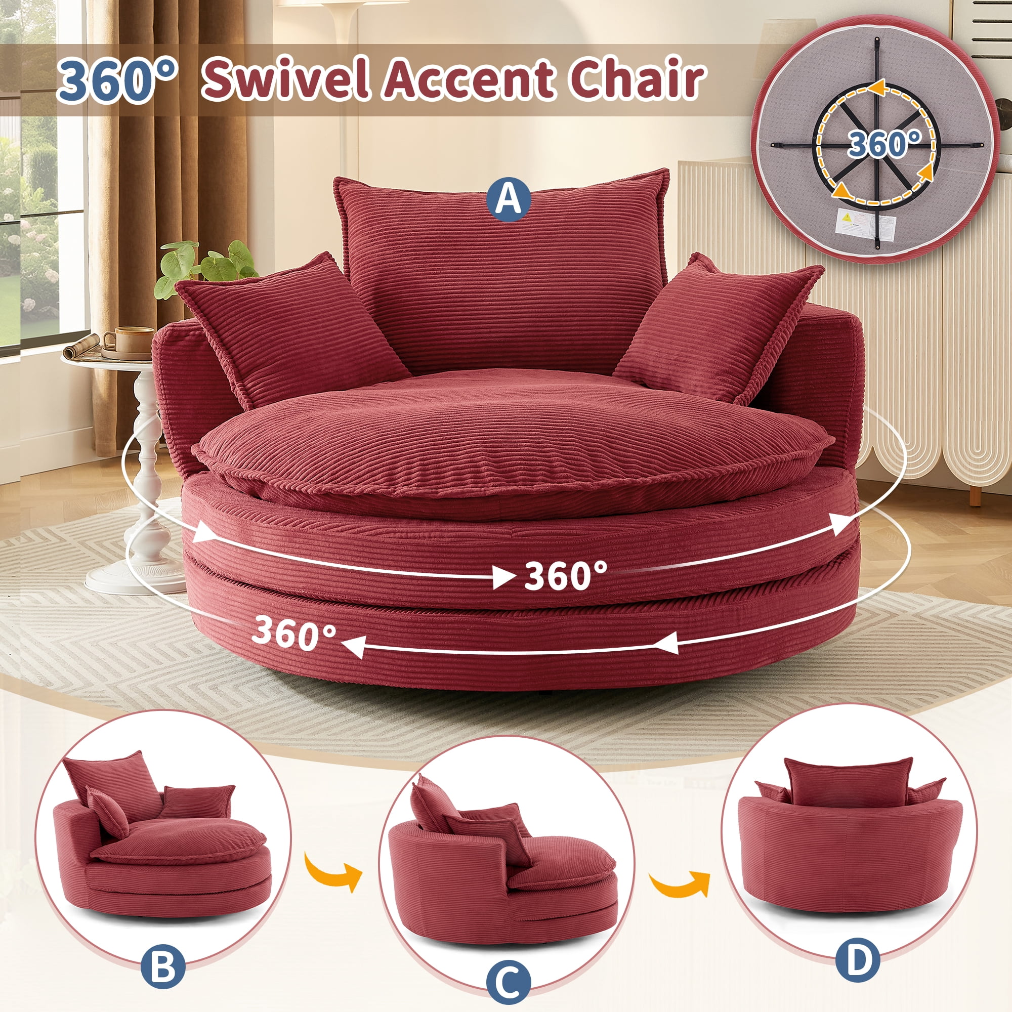 Euroco Oversized Round Swivel Chair with Corduroy Upholstery and Deep Seat, 360° Rotation Lounge Chair with Pillows for Living Room or Bedroom – 57.5" W x 56.5" D x 35.25" H