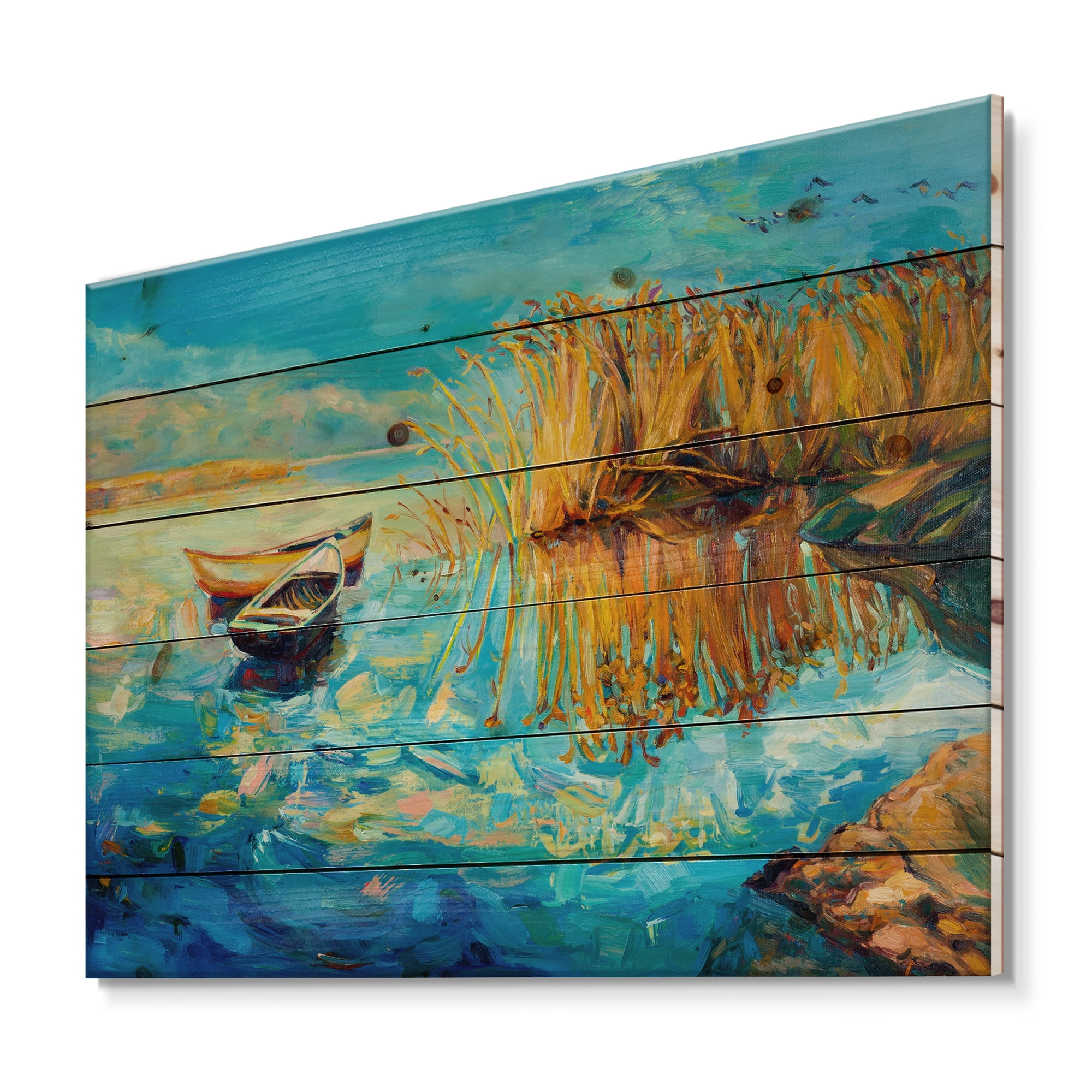 Designart 'Orange Trees With Turquoise Lake During Sunset' Nautical & Coastal Print on Natural Pine Wood