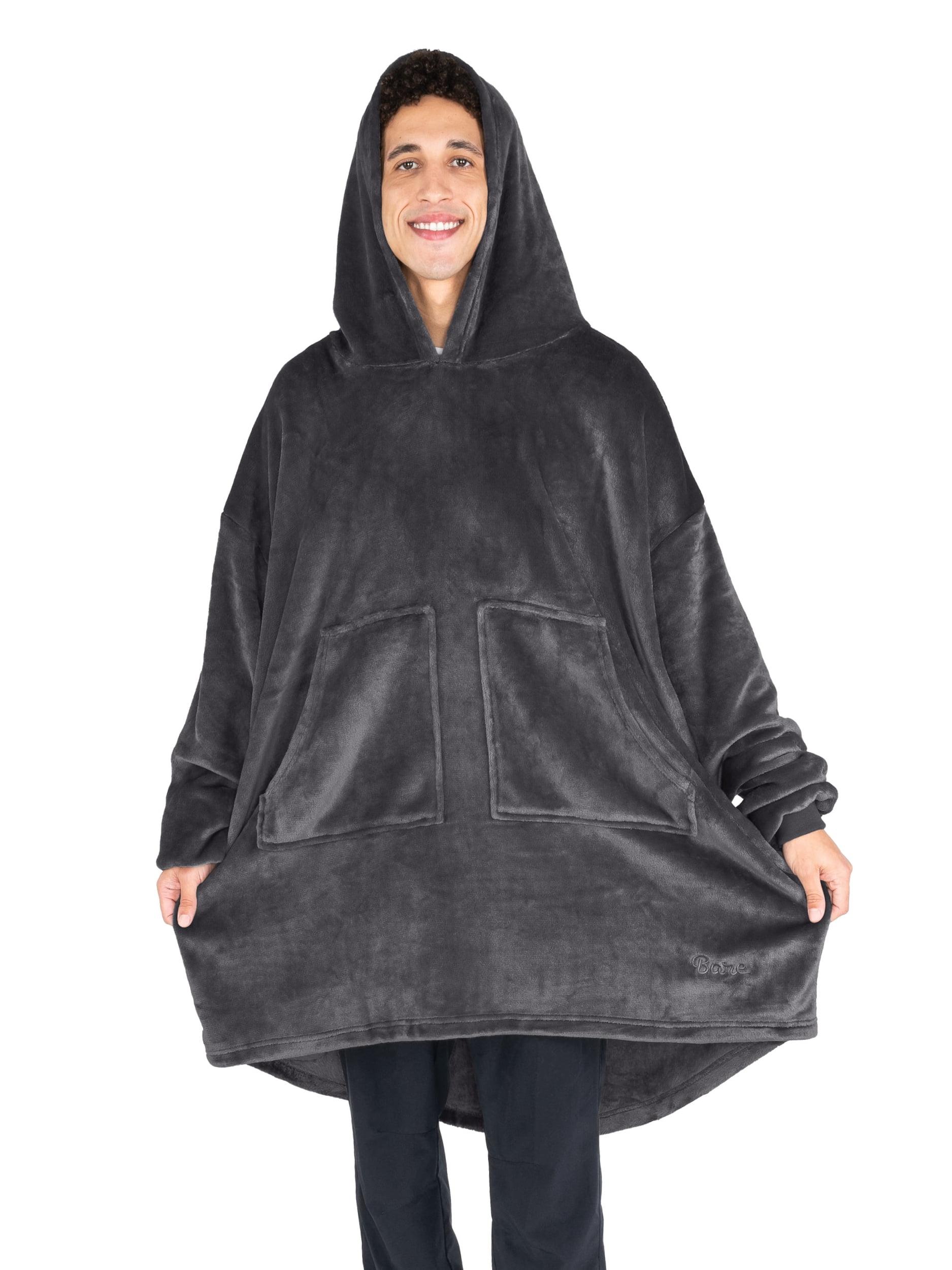 Bare Homey B-Warm Adult Size Microplush Wearable Blanket, Split Front Pocket, Forged Iron Gray