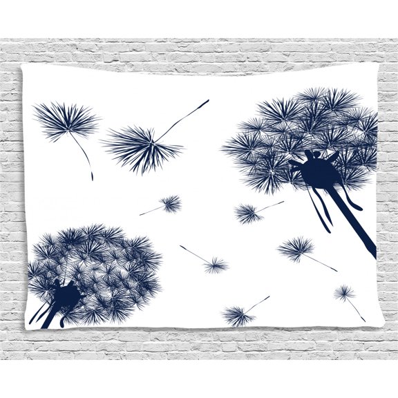 Dandelion Tapestry, Monochrome Flowers with Pollens Flying Blooming Nature Inspiration Botany Theme, Wall Hanging for Bedroom Living Room Dorm Decor, 60W X 40L Inches, Indigo White, by Ambesonne