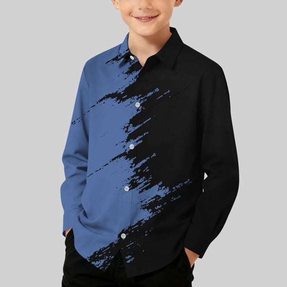 Kids Boys Long Sleeve Button Down Shirt, Abstract Blue Gradient Print, Stretch Polyester Spandex, Easy Care, Size 4-5T to 14,Size 9-10 T