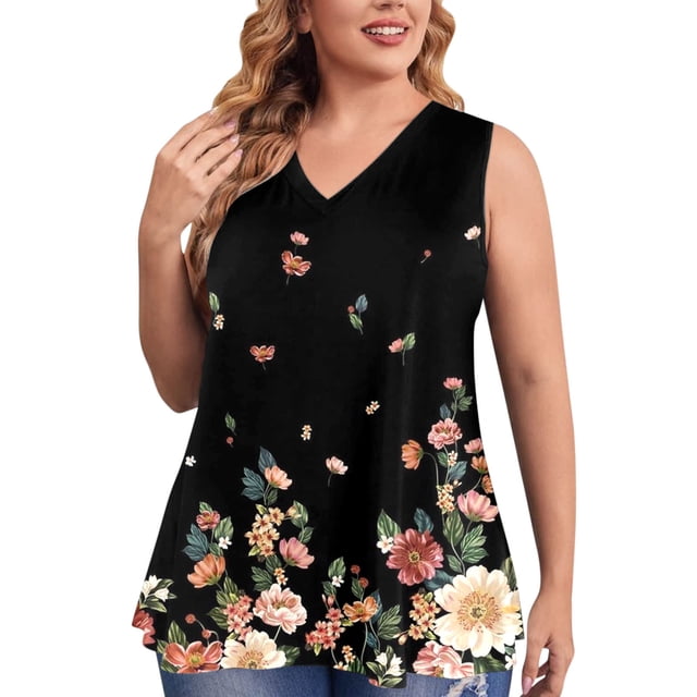 Playeras,Blusas y Tops,Ropa para Mujer Tank Top Mujeres Camiseta sin mangas de cuello redondo sin mangas suelta informal con estampado de moda de verano para mujer (Black, XXL)