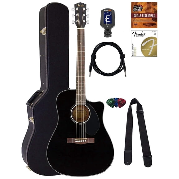 Fender CD-60SCE Solid Top Dreadnought Acoustic-Electric Guitar - Black w, Hard