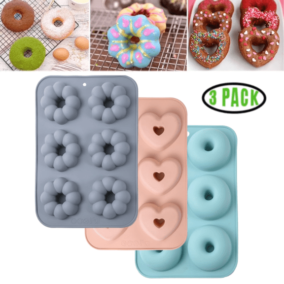 3-Pack Silicone Donut Baking Pan Set - Non-Stick 6-Cavity Mold for Homemade Donuts, Muffins, Cupcakes, Cakes, Bagels & Pastries , Oven, Microwave & Dishwasher Safe - Easy Release & Clean (Multicolor)
